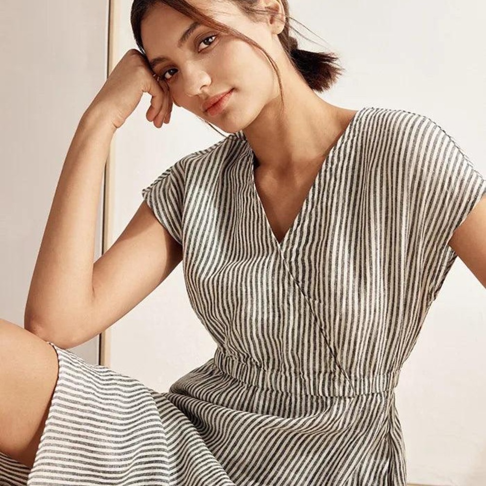 100% Linen Striped Black and White Midi Dress with Elastic Waistband